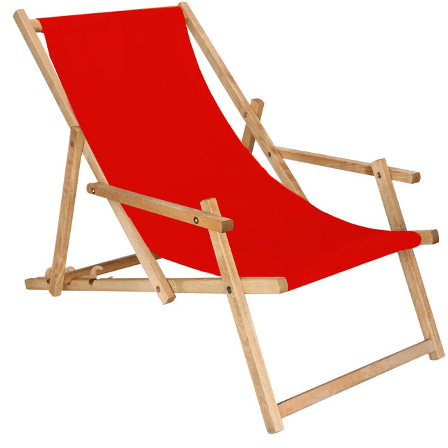 Ligbed | Strandstoel | Ligstoel | Verstelbaar | Arm Leuning | Beukenhout | Geïmpregneerd | Handgemaakt | Rood