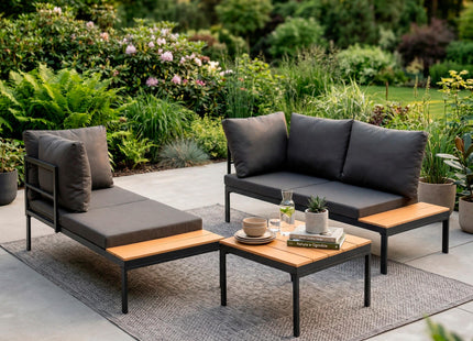 Tuinmeubelset - Loungeset - Tuinmeubilair - Bank - Stoelen - Tafel - Kussens - Zwart - Bruin - Staal - Hout - 150 Kg