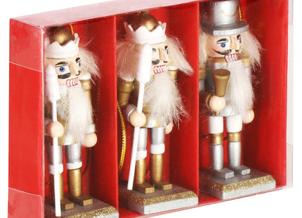Notenkraker Kerst | Houten Soldaat | Kerstversiering | 3 Stuks | Zilver/Wit/Goud | 8 cm