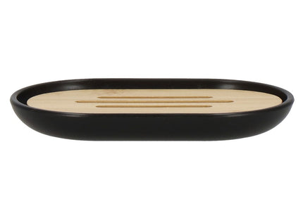Badkamerset | Prullenbak | Zeepbakje | Toiletborstel | Zeepdispenser | Set van 6 | Zwart/Naturel