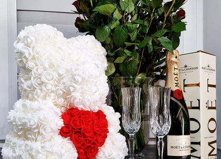 Rozen Beer | Rozenbeer | Rose Bear | Rozen Teddybeer | Liefde | Inclusief Giftbox | 36 x 26 x 26 cm | Wit/Rood