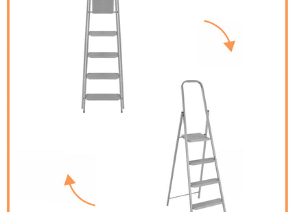 Huishoudtrap - Ladder - Keukentrapje - 5 - Etages - Antislip - Opvouwbaar - Grijs - 150 KG - Grijs