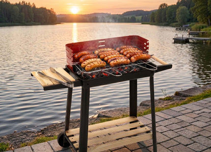 Houtskool barbecue -Op Wielen - BBQ - Asopvangbak - Kunststof - RVS - Zwart - Rood - Houtlook - 5 Standen