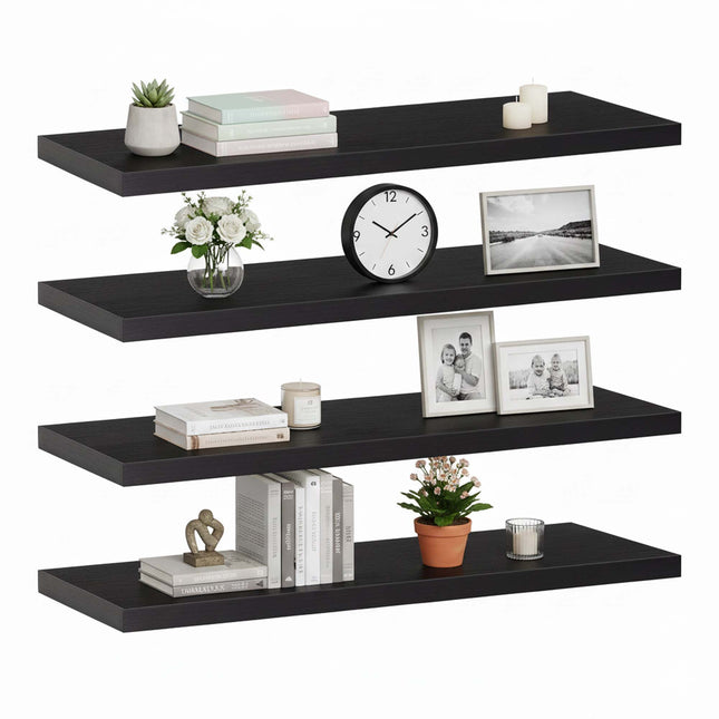 Wandplank - Boekenplank - Ophangbaar - 4 Delig - Zwart - Metaal - 3 Kg - 15 x 40 x 1,5 Cm