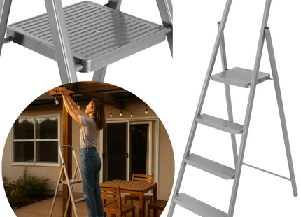 Huishoudtrap - Ladder - Keukentrapje - 4 - Etages - Antislip - Opvouwbaar - Grijs - 150 KG - Grijs