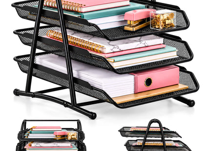 Springos® Bureau Organizer met 3 Uitschuifbare Laden – Metalen Documentenhouder A4 – Zwarte Brievenbak met 3 Niveaus – Bureau Opberger voor Kantoor en Thuis