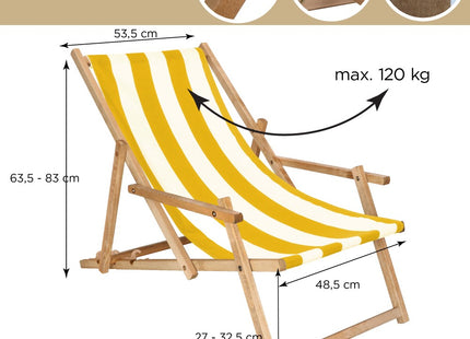 Ligbed | Strandstoel | Ligstoel | Verstelbaar | Arm Leuning | Beukenhout | Geïmpregneerd | Handgemaakt | Geel Wit