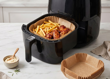 Papieren Inzetstukken Voor Airfryer - Wegwerpbaar - 220°C - Geschikt voor: Airfryer, Oven, Magnetron, Stoomkoker - 100 stuks - 20 x 20 cm.