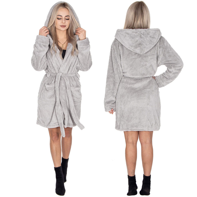 Badjas - Fleece - Lichtgrijs - Capuchon - Riem - Maat L/XL