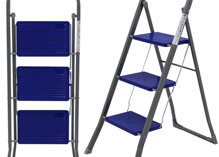 Huishoudtrap 3 treden - Keukentrap Inklapbaar - TÜV/GS - Blauw - Antislip - Max. hoogte 105 - 150 kg