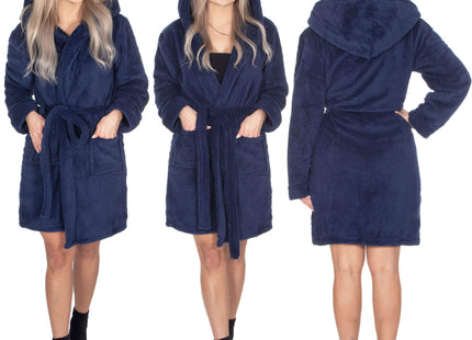 Badjas - Fleece - Marineblauw - Capuchon - Riem - Maat L/XL