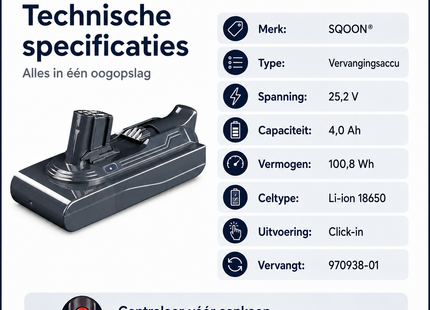 SQOON® Accu geschikt voor Dyson V11 / V15 stofzuiger - 25,2V 4,0Ah Li-ion click - gelijk aan 970938-01 - voor modellen met rode knop