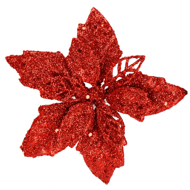 Kunstbloem - Ster van Bethlehem - Kunststof - Rood - Glitters - 13 cm