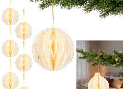 Kerstbal | Papier | 12 Cm | 3D | Wit + Goud Glitter | 6 Stuks