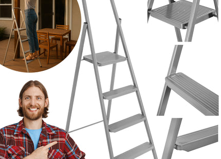 Huishoudtrap - Ladder - Keukentrapje - 4 - Etages - Antislip - Opvouwbaar - Grijs - 150 KG - Grijs