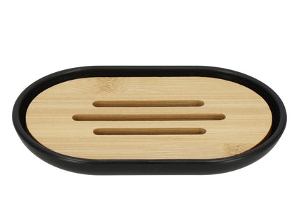 Badkamerset | Prullenbak | Zeepbakje | Toiletborstel | Zeepdispenser | Set van 6 | Zwart/Naturel
