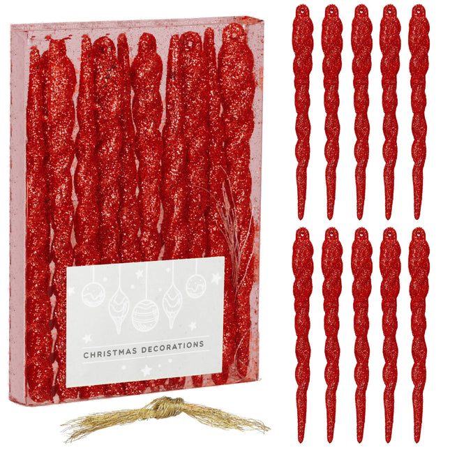 Kerstballen | Ijspegels | 10 Stuks | 12 cm | Rood | Glitter