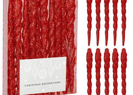 Kerstballen | Ijspegels | 10 Stuks | 12 cm | Rood | Glitter