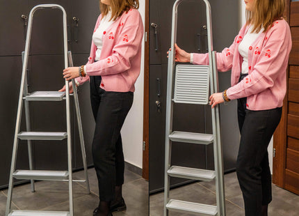 Huishoudtrap - Ladder - Keukentrapje - 4 - Etages - Antislip - Opvouwbaar - Grijs - 150 KG - Grijs