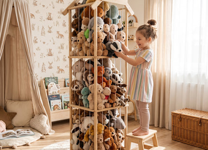 Springos® Knuffel Opbergrek 160 cm – Houten Speelgoedorganizer met Elastische Koorden – Knuffeldierhouder voor Kinderkamer – Naturel