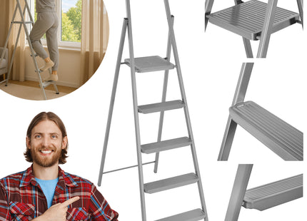 Huishoudtrap - Ladder - Keukentrapje - 5 - Etages - Antislip - Opvouwbaar - Grijs - 150 KG - Grijs