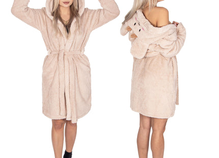 Badjas - Fleece - Teddybeer - Beige - Capuchon - Riem - Maat S/M