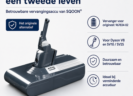 SQOON® Accu geschikt voor Dyson V8 steelstofzuiger - Gelijk aan model: 967834-02 - Li-ion 21,6V 3,0Ah 64,8Wh