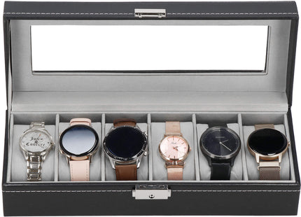Horlogedoos - Horlogebox - Horlogeopberger - Suède - Zwart - Grijs - 6 Horloges