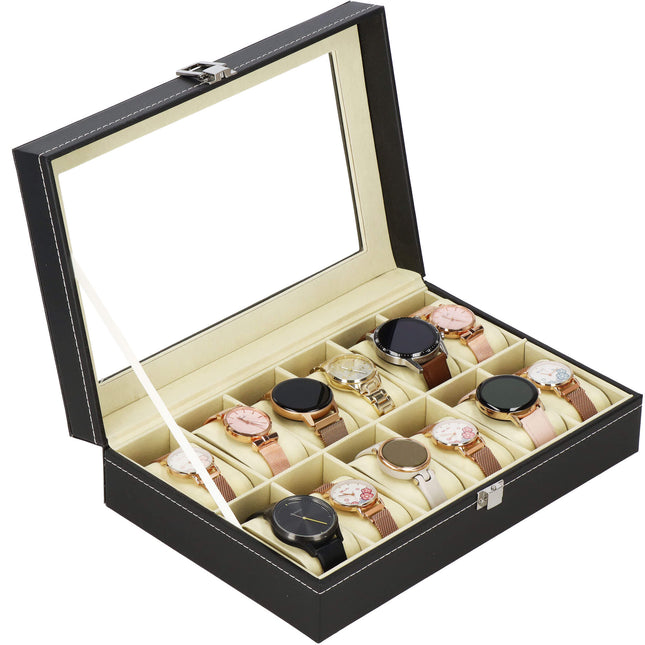 Horlogedoos - Horlogebox - Horlogeopberger - Suède - Zwart - Grijs - 12 Horloges - 30 x 20 x 8 cm