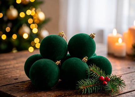 Kerstballen 12 Stuks – Donkergroen – Fluwelen Kerstboomversiering – Onbreekbare Kerstballen 5,5 cm – Inclusief Ophangkoorden