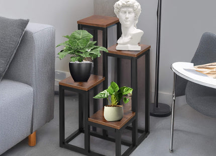 Plantenrek | Plantenstandaard | Plantentrap | 4 Niveaus | Metaal | Hout | Zwart | Donkerbruin
