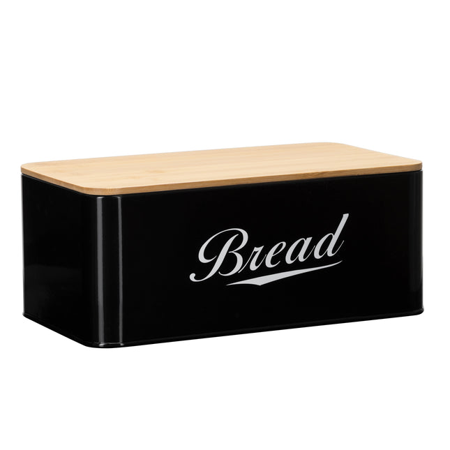 Broodtrommel Voor Op Het Aanrecht  - Broodmand - Metaal - Bamboe Deksel - Zwart - 30 X 23 X 13 CM