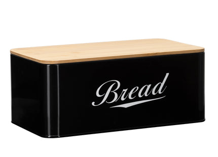 Broodtrommel Voor Op Het Aanrecht  - Broodmand - Metaal - Bamboe Deksel - Zwart - 30 X 23 X 13 CM