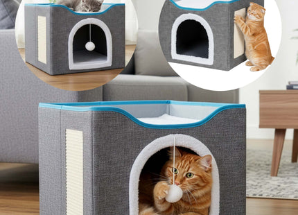 Kattenmand - Kattenhuis - Bed - Kussen - Krabpaal - 42 x 41 x 34 cm - Grijs - Blauw