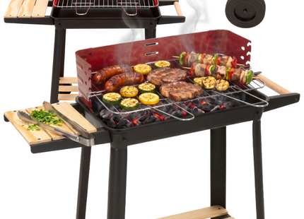 Houtskool barbecue -Op Wielen - BBQ - Asopvangbak - Kunststof - RVS - Zwart - Rood - Houtlook - 5 Standen