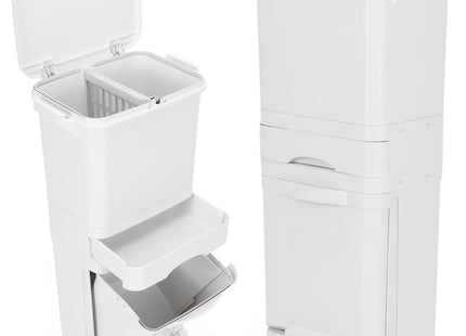 Prullenbak - Afvalbak - Vuilnisbak - Vuilbak - Op Wielen - Afvalscheidingsbakken -  3 Delig - 42 Liter - 83,5 x 42 x 28,5 Cm - Wit