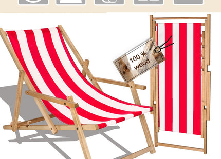 Ligbed | Strandstoel | Ligstoel | Verstelbaar | Arm Leuning | Beukenhout | Geïmpregneerd | Handgemaakt | Rood Wit