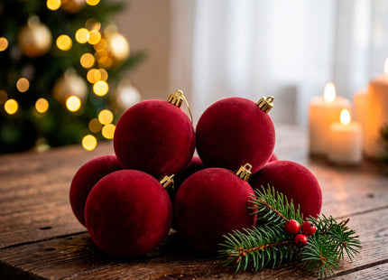 Kerstballen 12 Stuks – Bordeauxrood – Fluwelen Kerstboomversiering – Onbreekbare Kerstballen 5,5 cm – Inclusief Ophangkoorden