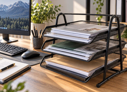 Springos® Bureau Organizer met 3 Uitschuifbare Laden – Metalen Documentenhouder A4 – Zwarte Brievenbak met 3 Niveaus – Bureau Opberger voor Kantoor en Thuis
