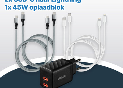 A-DAPT® Oplaadset 45W USB-C Thuislader met USB-C & 8-PIN Kabels - Geschikt voor iPhone, iPad & Android - Hoogwaardig alternatief voor originele opladers