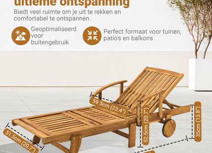 Houten Ligstoel - Ligbed -  Op Wielen -  Verstelbaar - Weersbestendig  - Uitschuiftafel - 193 x 70 x 30 Cm