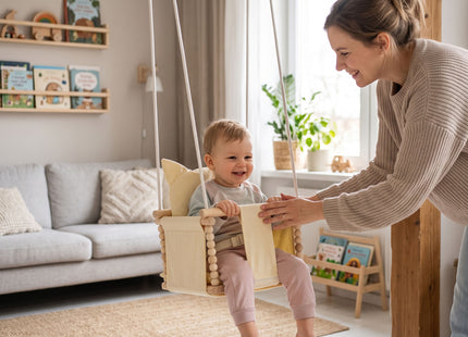 Springos® Houten Babyschommel  – Kinderschommel met Teddybeer Kussen – Verstelbare Touwen – Veiligheidsriem – Maximaal 25 kg