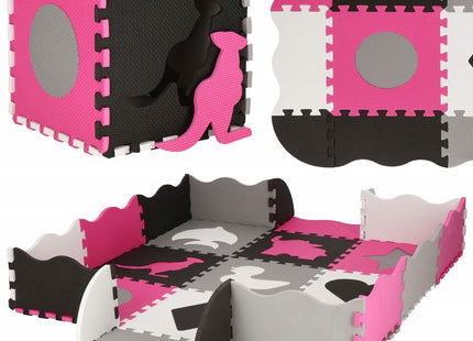 Speelmat | Speelmat Foam | Puzzelmat | Figuren | 9 Puzzelstukken | 120 x 120 cm | Roze/Grijs/Zwart/Wit