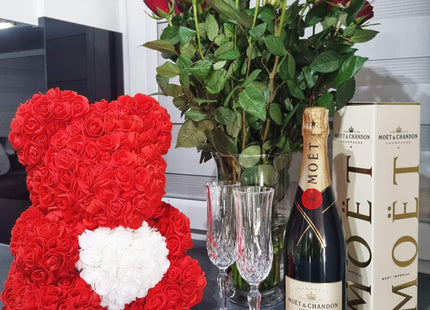 Rozen Beer | Rozenbeer | Rose Bear | Rozen Teddybeer | Liefde | Inclusief Giftbox | 36 x 26 x 26 cm | Rood / Wit