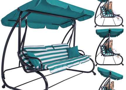 Schommelbank | Linda-Schommel | 3-zits | Waterafstotend | Inclusief 2 Kussens | Verstelbare Luifel | 230 x 100 x 162 cm | Zee Blauw/Wit/Zwart