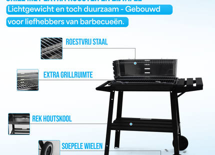 Houtskool barbecue -Op Wielen  - BBQ - Asopvangbak -  Kunststof - RVS - Zwart - Zilver