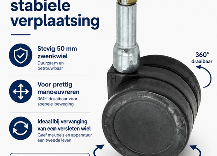 SQOON® Zwenkwiel 50 mm geschikt voor Numatic PPR / PPT / WV / CVC / GVE – Vervanger voor 204111