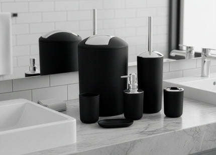 Badkameraccessoiresset - Prullenbak - Toiletborstel - Zeepdispencer - Tandenborstelbeker - Zeepbak - Mok - Zwart