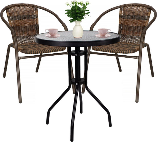 Tuinset | Balkonset | Bistroset | 3-Delig | Tafel + 2 Stoelen | Zwart/Bruintinten