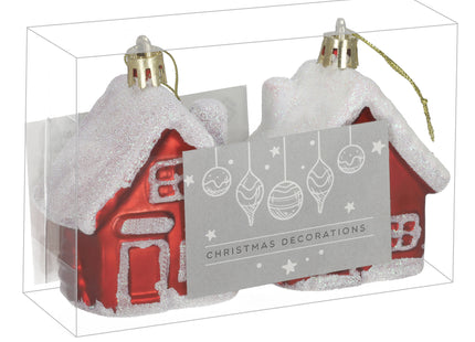Kersthanger | Huis | Kerstboomhanger | Wit | Rood | Glitters | Kunststof | 7 cm | 2 Stuks